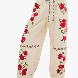 Floral Embroidered Mid Rise Barrel Pants with Red Roses